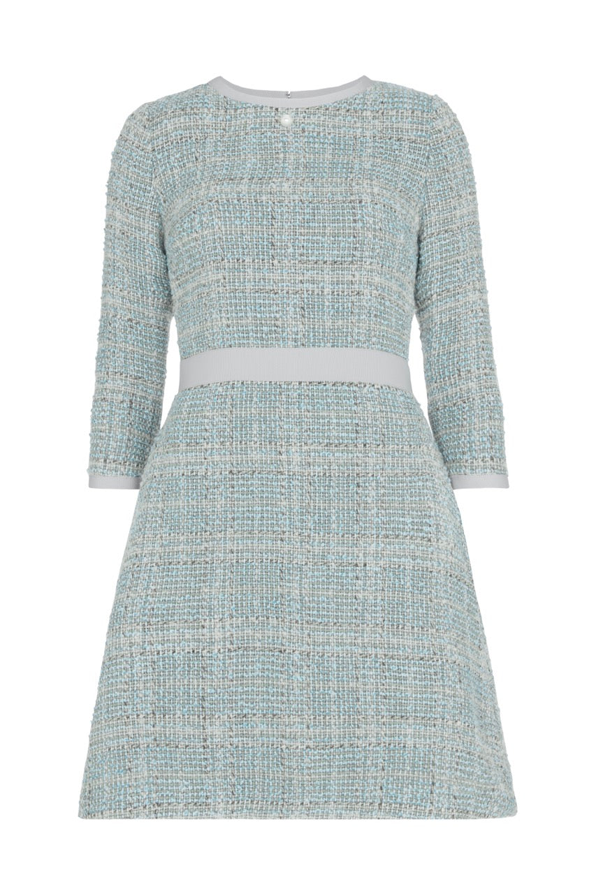 chinese dress ladies A-line Grosgrain Pale Blue and Grey Tweed Dress – TIFFANY NOYAMA