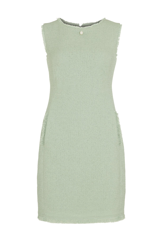 Light Dusty Green Sleeveless Fringe-Trimmed Tweed Shift Dress TIFFANY NOYAMA Light Dusty Green Sleeveless Fringe-Trimmed Tweed Shift Dress TIFFANY NOYAMA