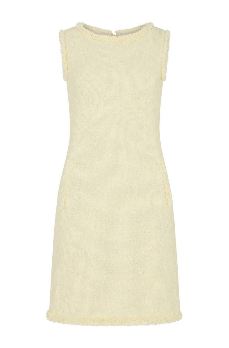 Pale Yellow Frayed Sleeveless Tweed Shift Dress TIFFANY NOYAMA Pale Yellow Frayed Sleeveless Tweed Shift Dress TIFFANY NOYAMA