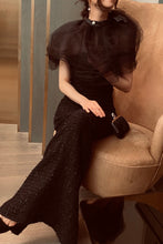 Load image into Gallery viewer, Ruffle collar with strapless full length couture black tweed evening dress ball gown