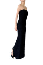 Load image into Gallery viewer, Strapless Full Length Evening Dress - Black Couture Tweed Dress with Pearl