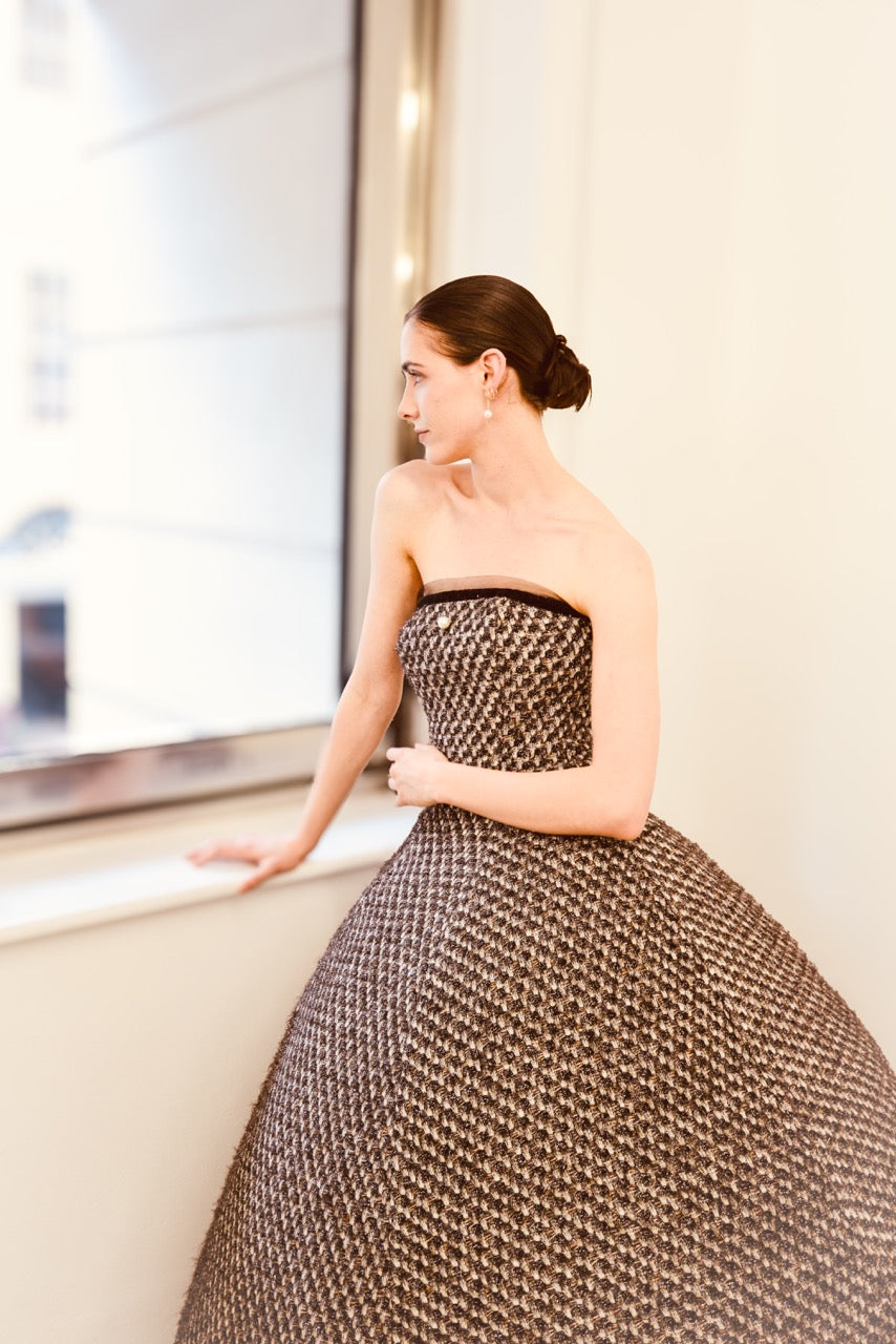 Strapless Couture Tweed Full Length Evening Gown TIFFANY NOYAMA Strapless Couture Tweed Full Length Evening Gown TIFFANY NOYAMA