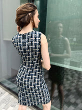 Load image into Gallery viewer, Fringe-Trimmed Sleeveless Couture Tweed Shift Dress - Navy
