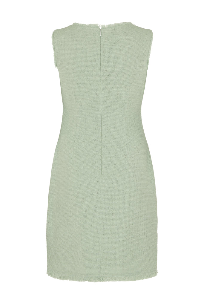 Light Dusty Green Sleeveless Fringe-Trimmed Tweed Shift Dress TIFFANY NOYAMA Light Dusty Green Sleeveless Fringe-Trimmed Tweed Shift Dress TIFFANY NOYAMA