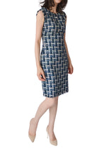 Load image into Gallery viewer, Fringe-Trimmed Sleeveless Couture Tweed Shift Dress - Navy

