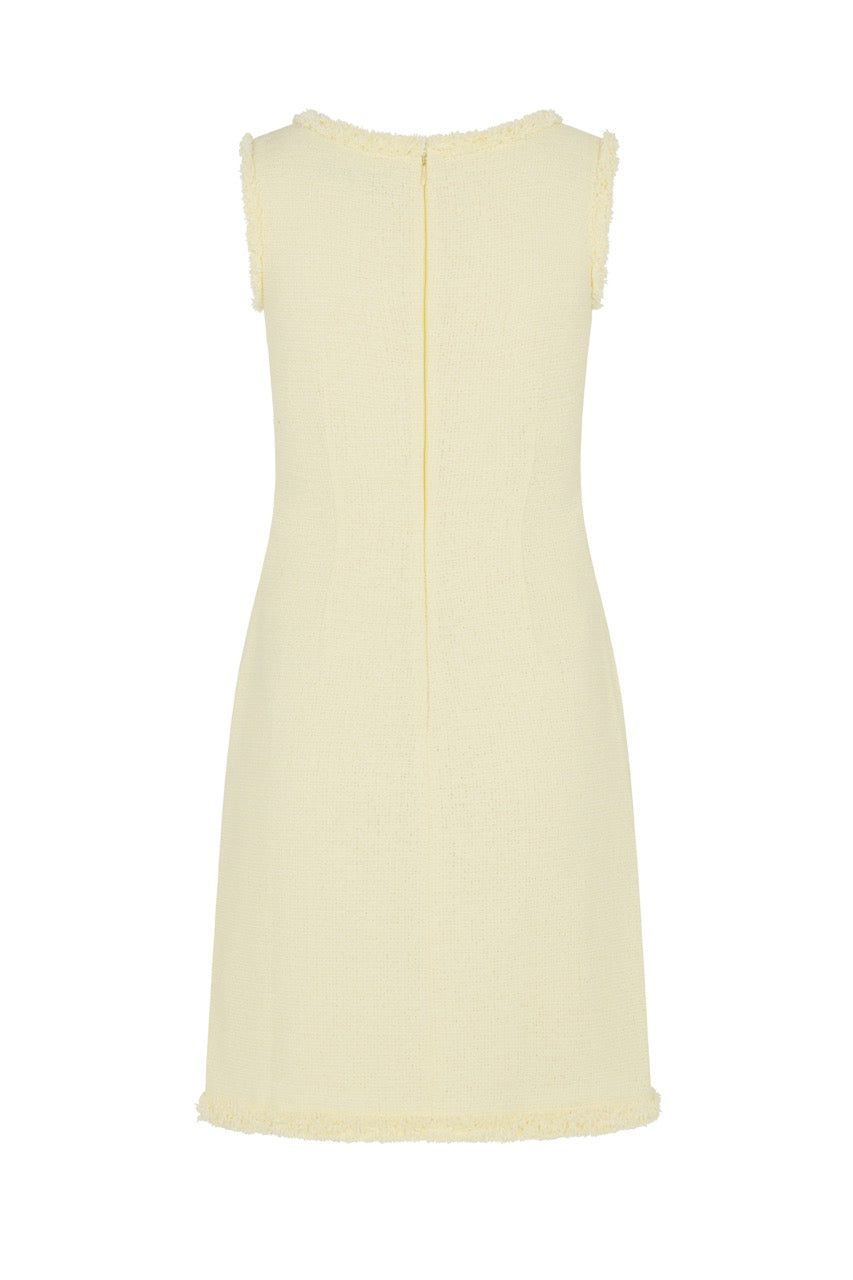 Pale Yellow Frayed Sleeveless Tweed Shift Dress – TIFFANY NOYAMA Pale Yellow Frayed Sleeveless Tweed Shift Dress – TIFFANY NOYAMA