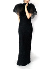 画像をギャラリービューアに読み込む, Ruffle collar with strapless full length couture tweed evening gown - Black
