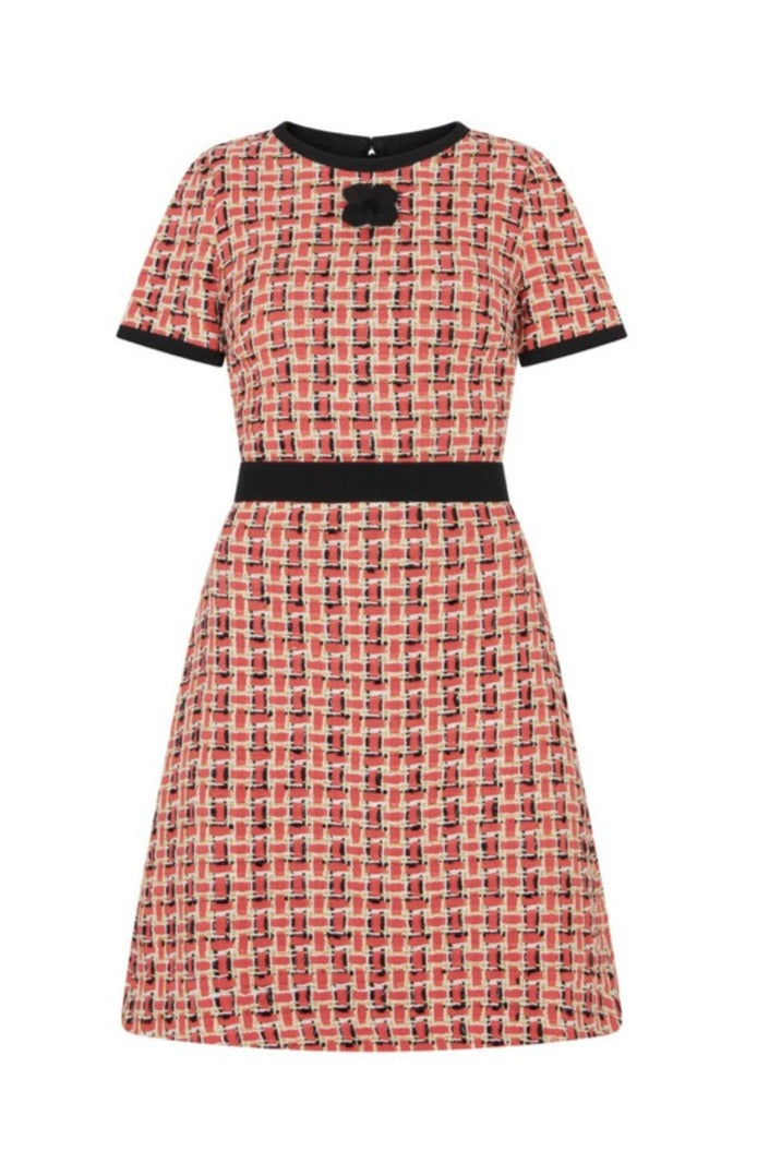 A-Line Grosgrain-Trimmed Couture Tweed Dress with Sleeves - Hot Orange/Black/White/Gold