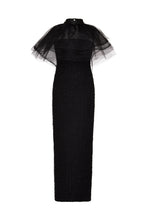画像をギャラリービューアに読み込む, Ruffle collar with strapless full length couture tweed evening gown - Black
