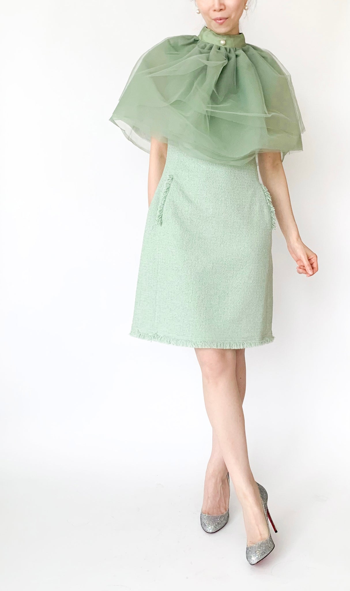 Light Dusty Green Sleeveless Fringe-Trimmed Tweed Shift Dress TIFFANY NOYAMA Light Dusty Green Sleeveless Fringe-Trimmed Tweed Shift Dress TIFFANY NOYAMA