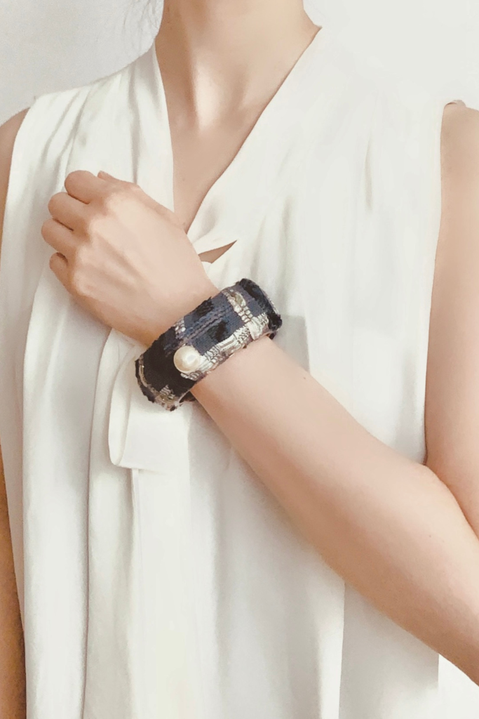 Luxurious Tweed Bangle Cuff - Navy