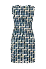 Load image into Gallery viewer, Fringe-Trimmed Sleeveless Couture Tweed Shift Dress - Navy
