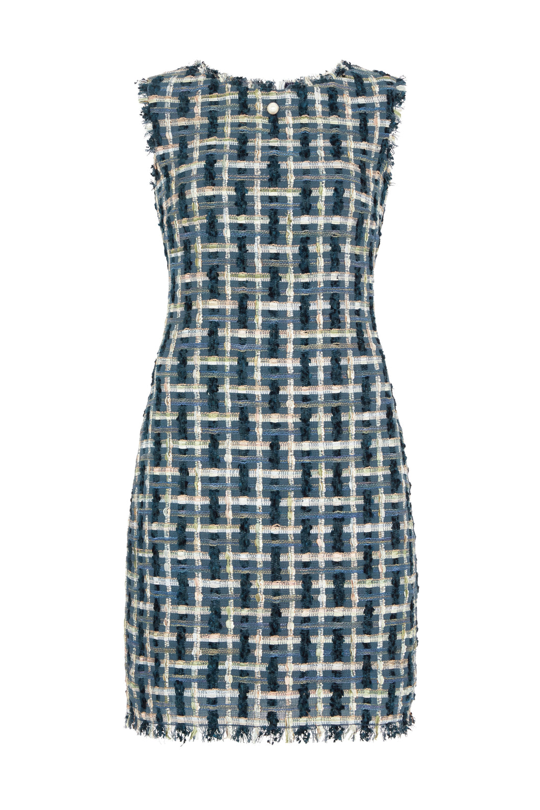 Fringe-Trimmed Sleeveless Couture Tweed Shift Dress - Navy